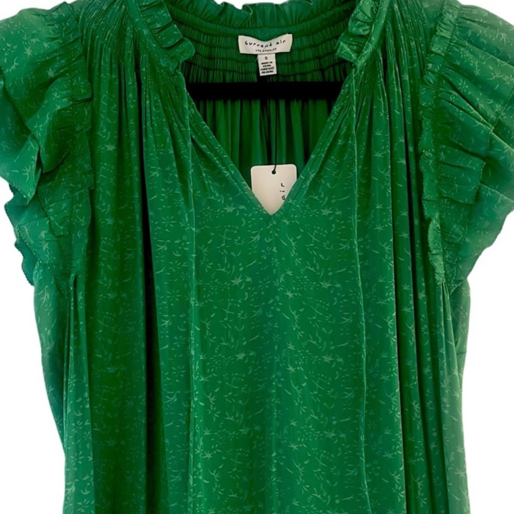 NEW, Green, Short Sleeved Flutter Neck W/ Drawstring Tie, Long Dress, SZ: Small